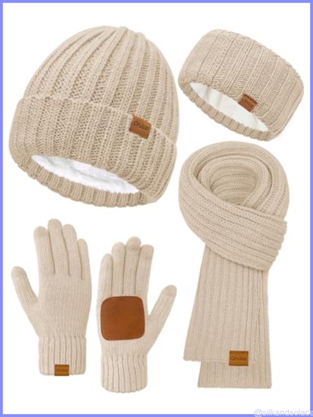 Fleece Lined Beanie Ear Warmer Long Knit Scarf Touchscreen Gloves 4 Piece Set